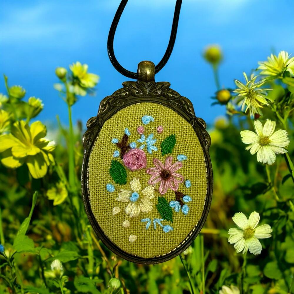 Handmade Yellow, Pink & Blue Floral Hand-stitched Pendant Necklace - Embroidery